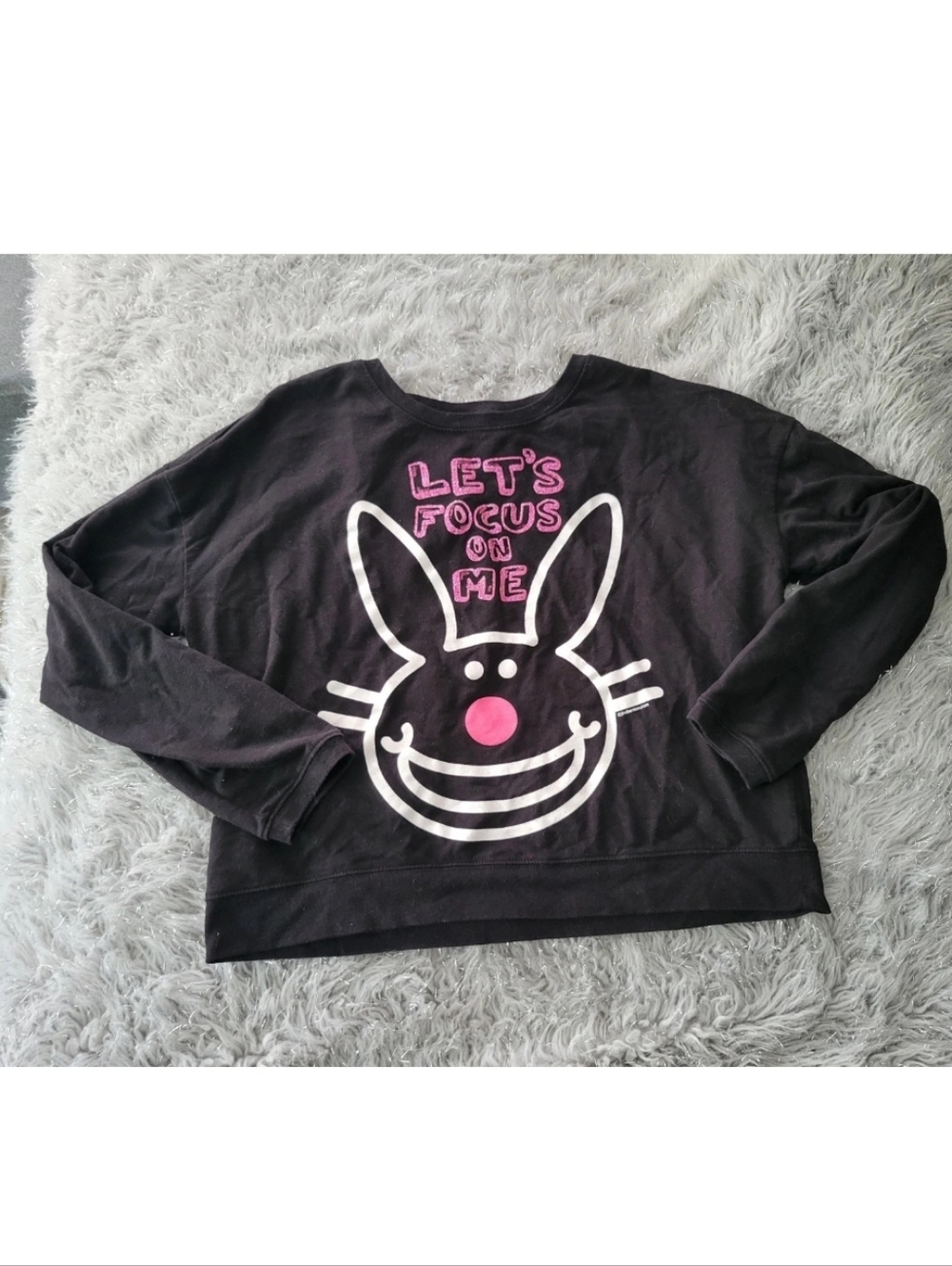 Vintage Y2k Happy Bunny Lets Focus on Me Black Pink Long Sleeve Top Jrs XXL